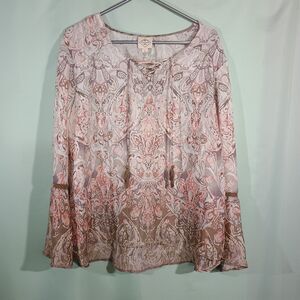 Boho Print Blouse Women's Long Sleeve Flowy Peasant Top Pink Beige Lightweight